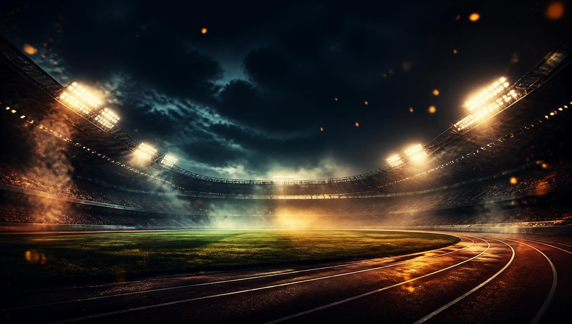 Floodlit night stadium with a running track